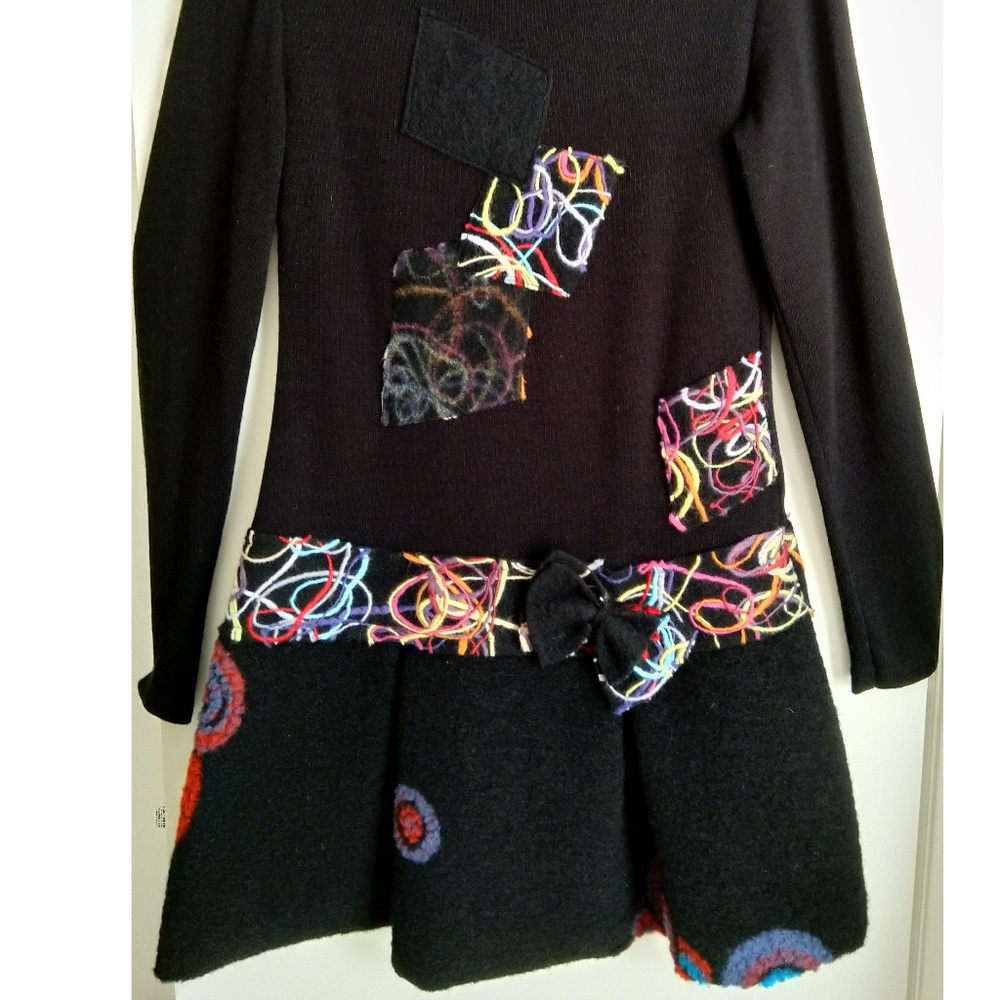 French wool dress blackl with colorful patches size 4